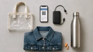 What to bring to an Ella Langley concert, clear bag, charger, water bottle and layers laid out